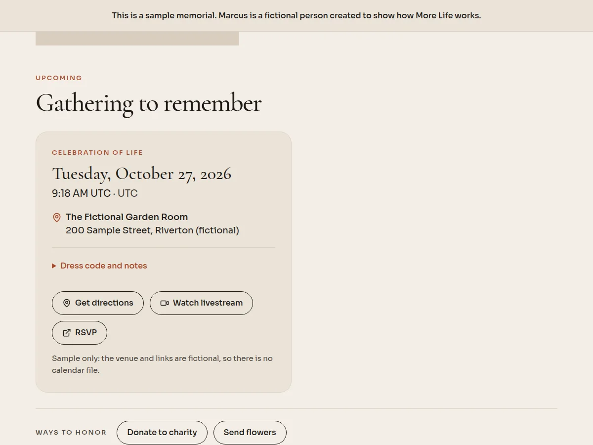 The sample memorial celebration of life at The Fictional Garden Room, with service details and directions, livestream and RSVP buttons.