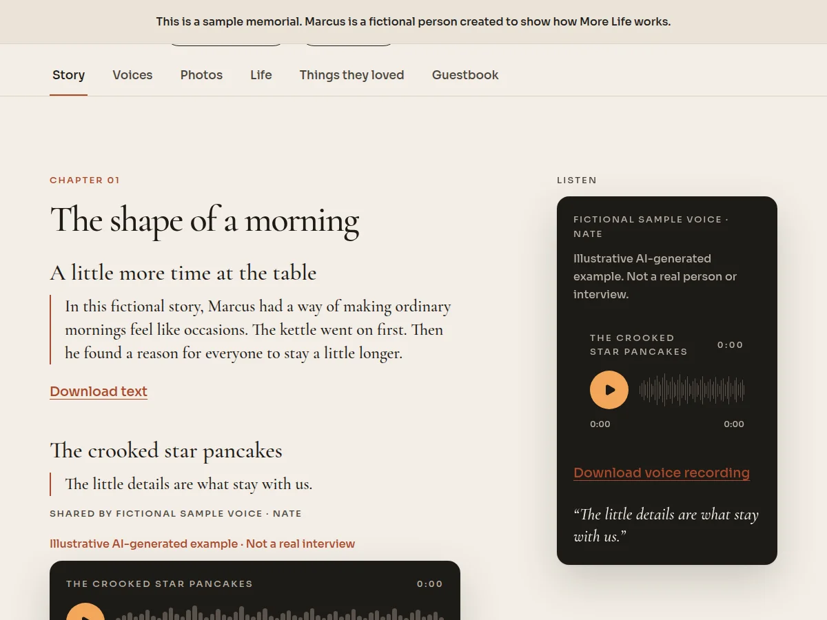 The fictional sample memorial story chapter The shape of a morning with writing and an illustrative sample voice clip.