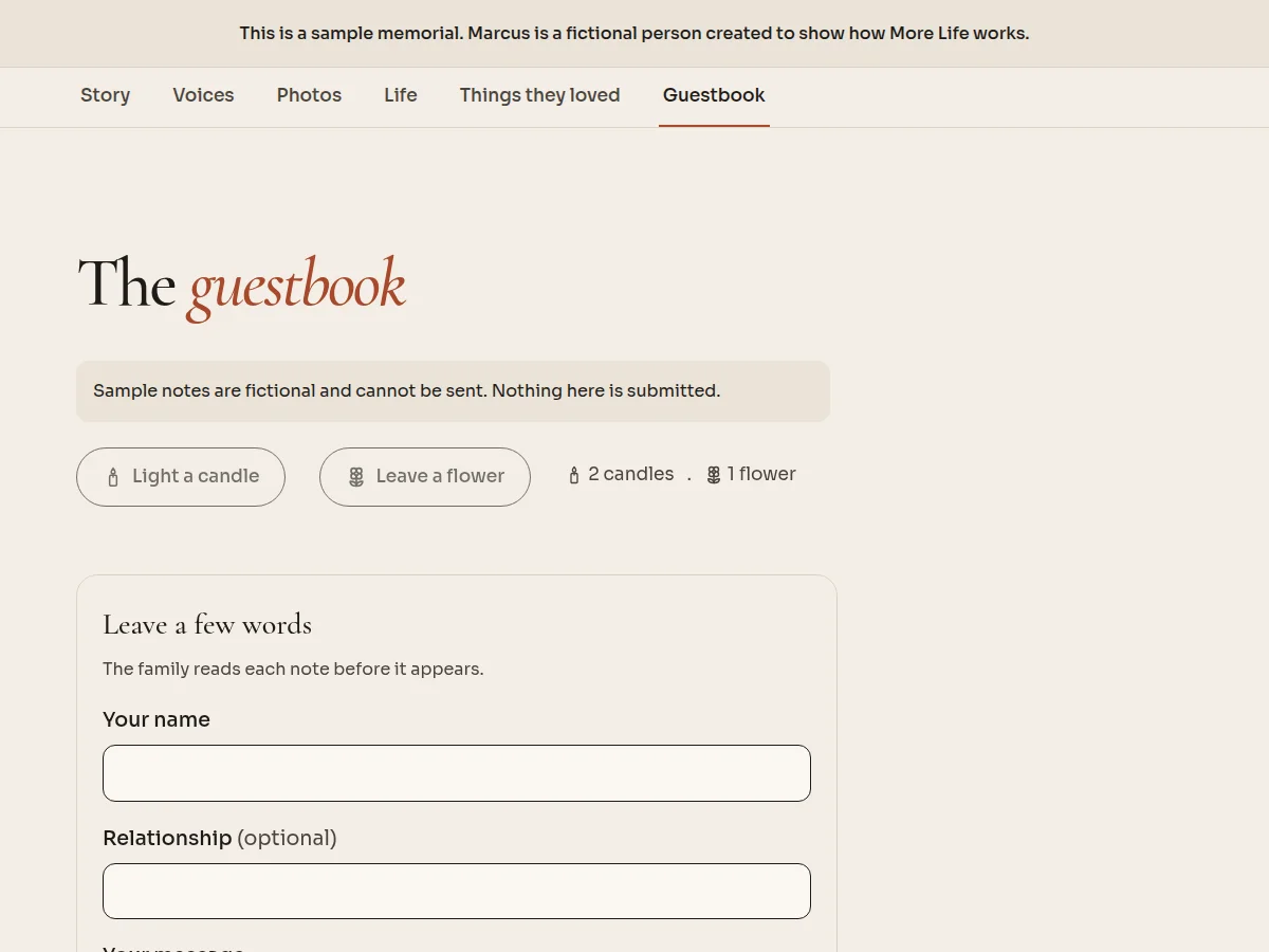 The fictional sample memorial Guestbook tab with 2 candles, 1 flower, a fictional notice and a leave-a-few-words form.