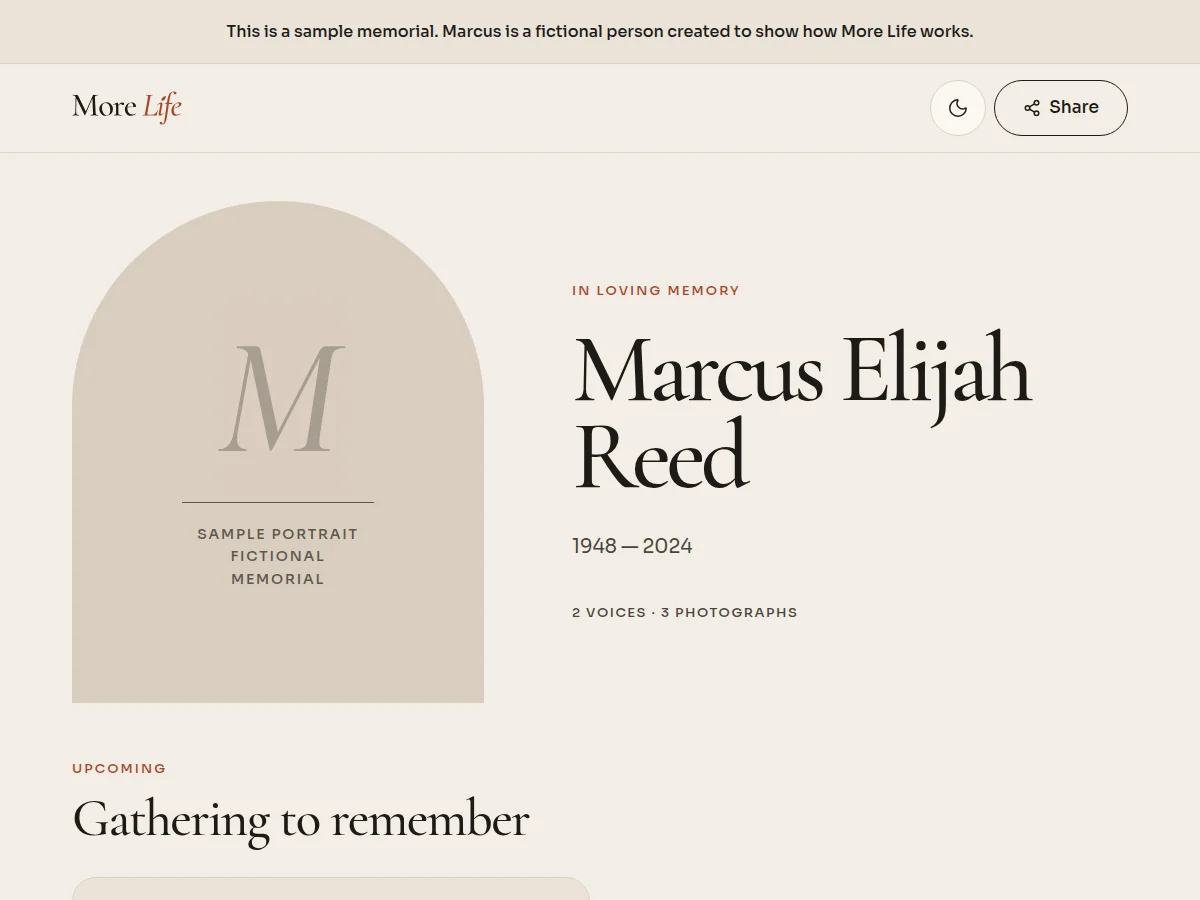 The fictional sample memorial opening with Marcus Elijah Reed's portrait, dates, voice and photograph counts, and share button.