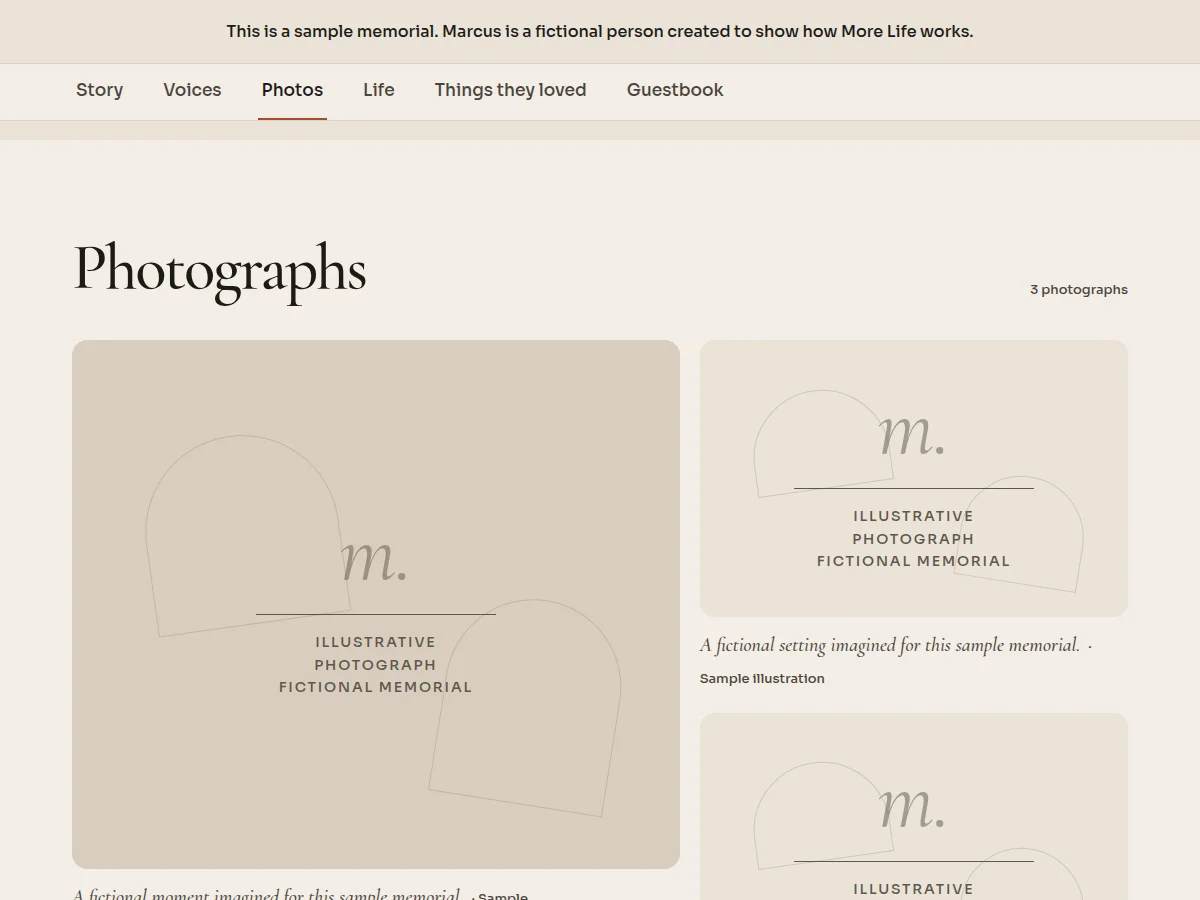 The fictional sample memorial Photos tab with sample photograph illustrations, fictional captions and sample credits.