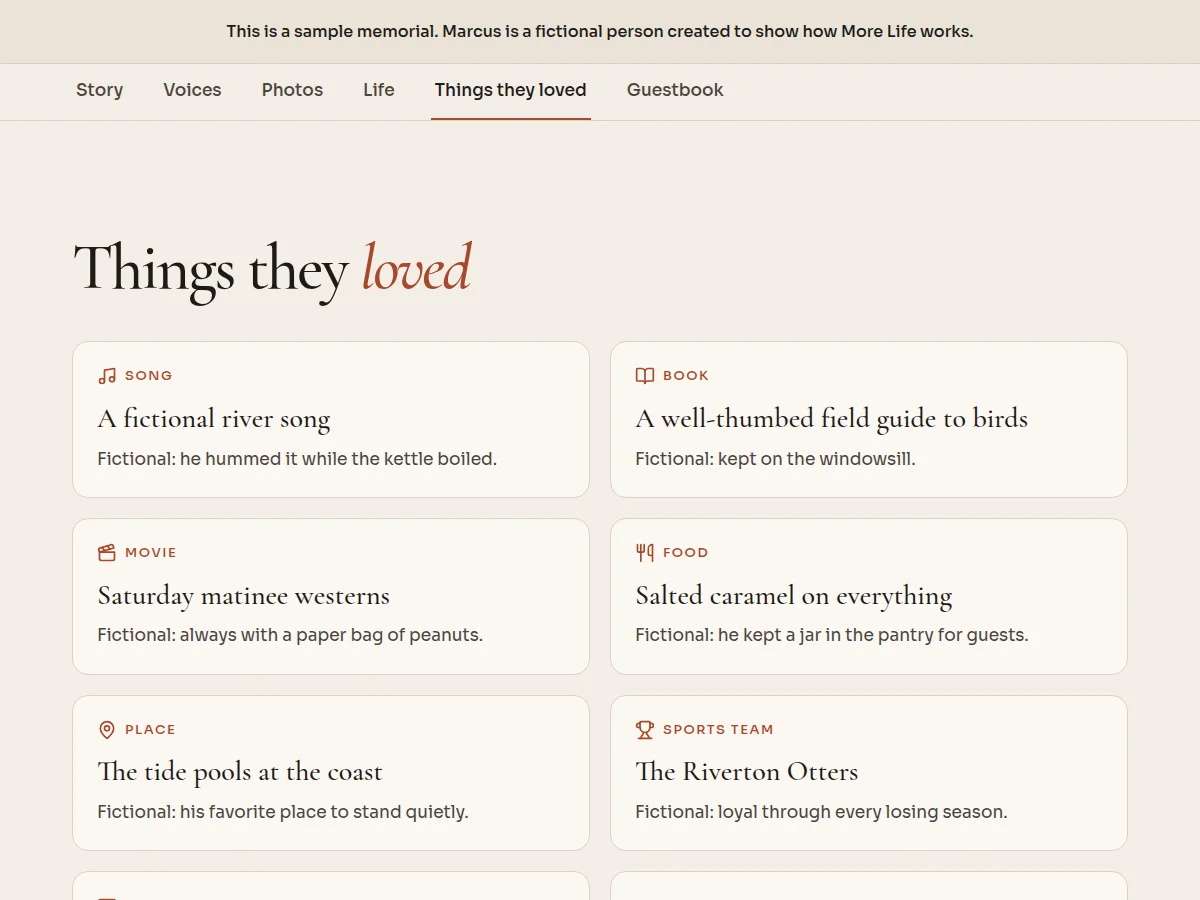 The fictional sample memorial Things they loved tab with favorite song, book, film, food, place and sports team cards.