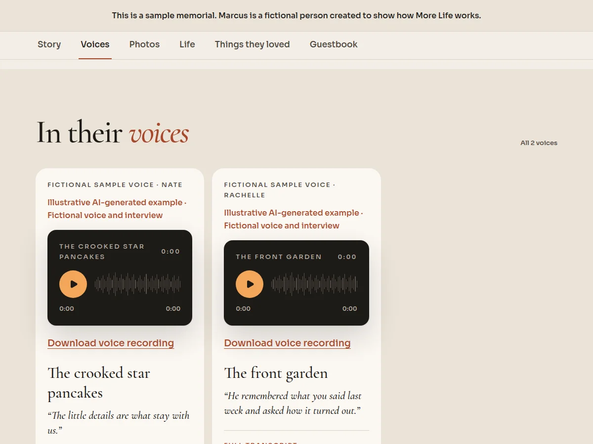 The fictional sample memorial Voices tab with illustrative Nate and Rachelle recording cards and download controls.
